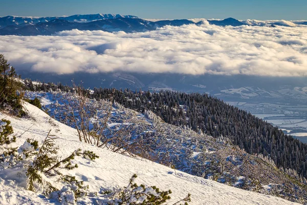 Winter mountain landscape at a sunny day with fog in the valleys — Stock Photo, Image