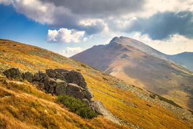 Sonbahar mevsiminde tepeleri ve vadileri olan dağlık arazi.