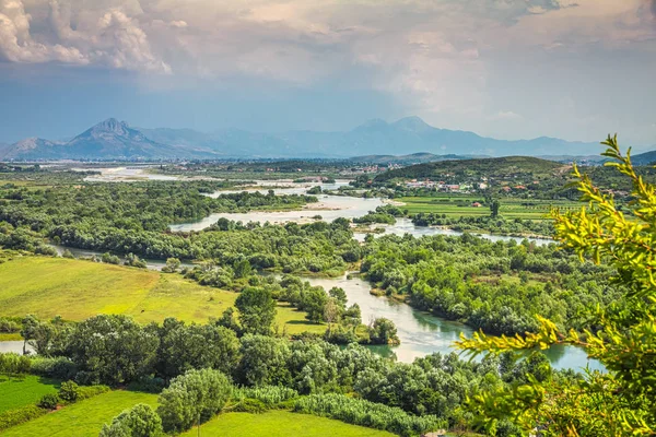 Landscape with river basin and mountain range on background. — 스톡 사진