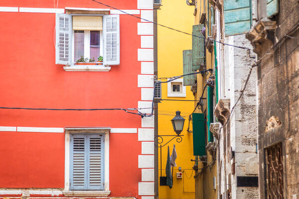 Colorful facade of an old houses in Rovinj town, Croatia, Europe.