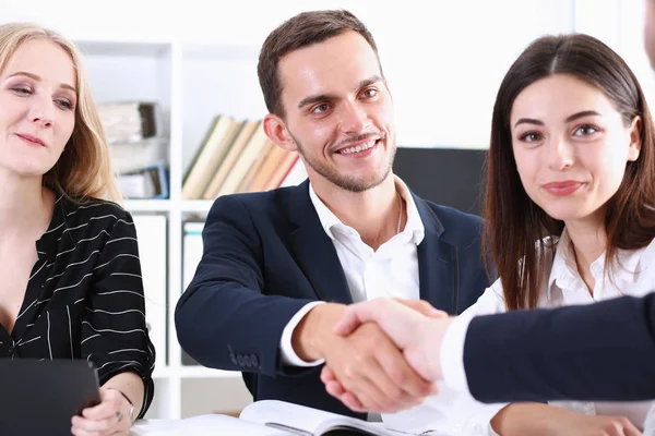 Group business peoples shake hands as hello in office closeup — Stock Photo, Image