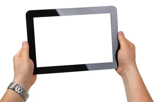 Homem hoding preto tablet quadro na mão — Fotografia de Stock