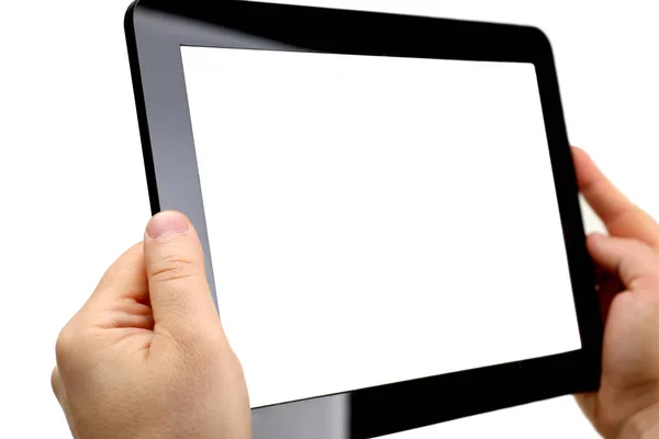 Homem hoding preto tablet quadro na mão — Fotografia de Stock