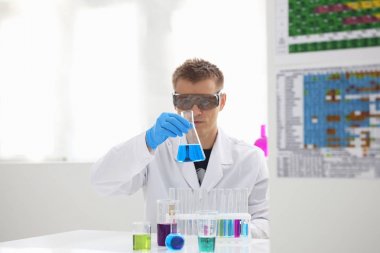 Bir erkek kimyager tüp elinde bardak sıvı bir çözüm taşmaları tutar