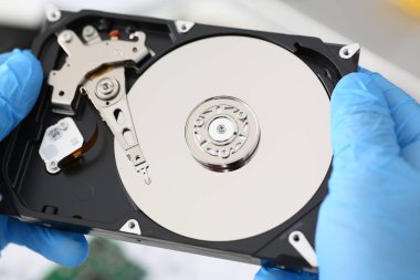 Erkek tamirci mavi eldiven giymiş bir sabit disk tutuyor
