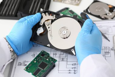 Erkek tamirci mavi eldiven giymiş bir sabit disk tutuyor