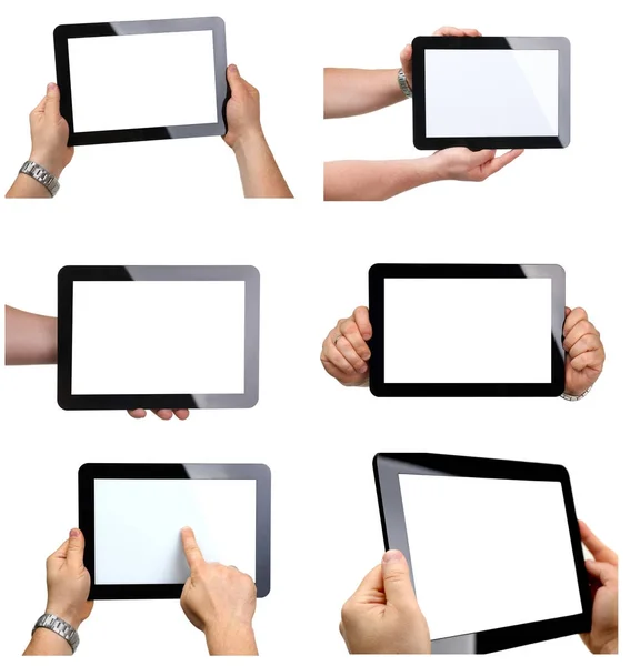 Man hoding zwart tablet frame in de hand — Stockfoto