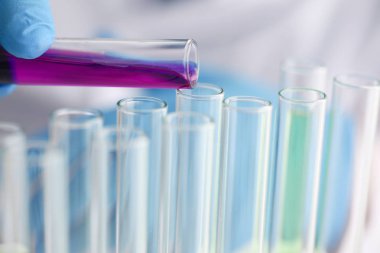 Bir erkek kimyager tüp cam tutar