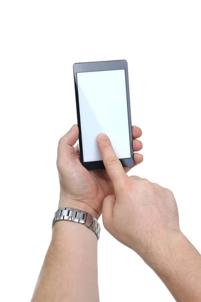 Smartphone hoding męskiej dłoni na tle — Zdjęcie stockowe
