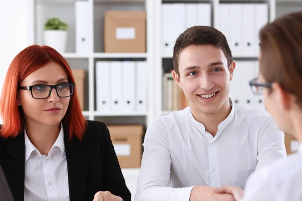 Smiling man in shirt shake hands hello in office — Stock Photo, Image