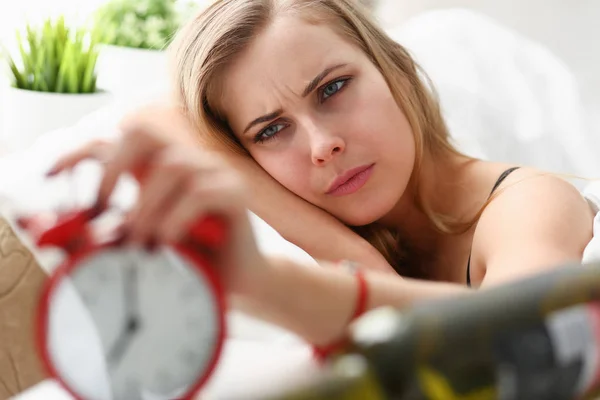 Young woman wake up in the morning after night party — Stock Photo, Image