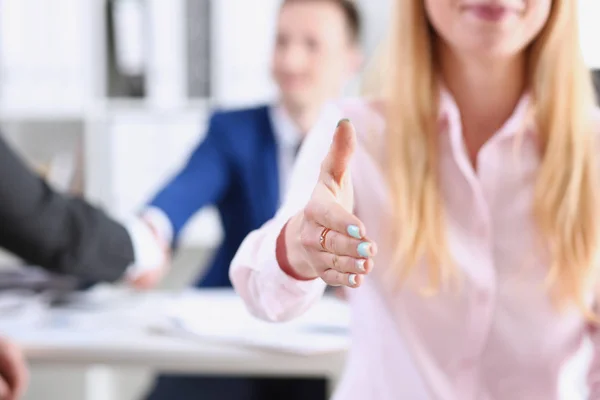 Businesswoman offer hand to shake as hello — Stock Photo, Image