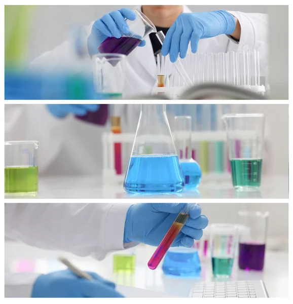 A male chemist holds test tube of glass — Stock Photo, Image