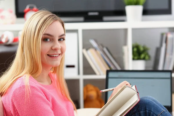 Young beautiful woman read book study hard prepare for exam — Stock Photo, Image