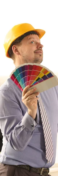 Male Caucasian Decorator Holding Colour Swatches — Stock Photo, Image