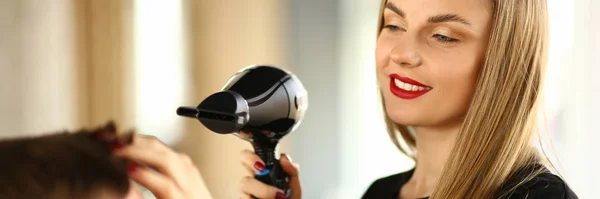 Woman Hairdresser Drying Male Hair with Hairdryer — 스톡 사진