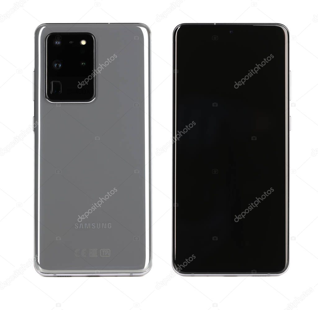 Minsk, Belarus - 19 March 2020 : Samsung galaxy s 20 ultra isolated on white background. Illustrative editorial