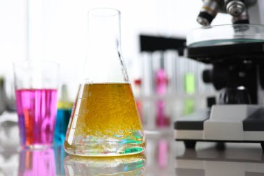 Laboratuvarda renkli sıvıyla beher.