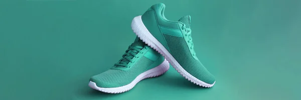 Sapatos esportivos coloridos no fundo de cor verde — Fotografia de Stock