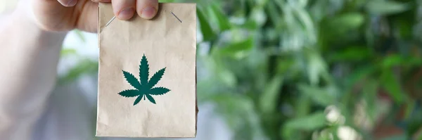 Man hand hålla papper paket med marijuana symbol närbild bakgrund — Stockfoto