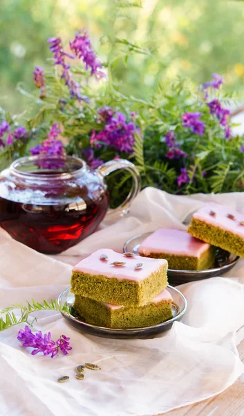 Matcha Green Tea Cakes White Chocolate Glaze Seeds Tea White — Stock Photo, Image