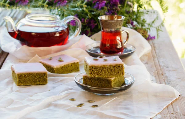 Matcha Green Tea Cakes White Chocolate Glaze Seeds Tea White — Stock Photo, Image