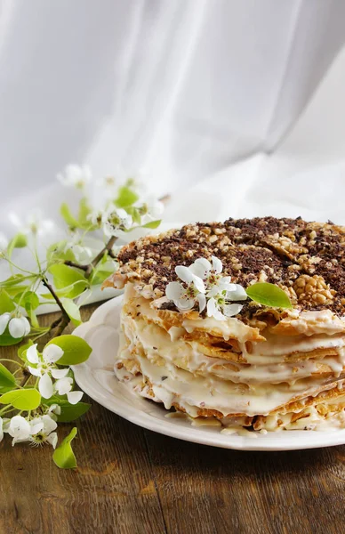 Napoleonkuchen Mehrschichtkuchen Mit Sahne — Stockfoto