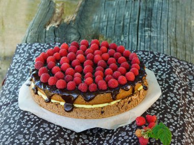 Çikolatalı kek Ahududu ve muhallebi krem