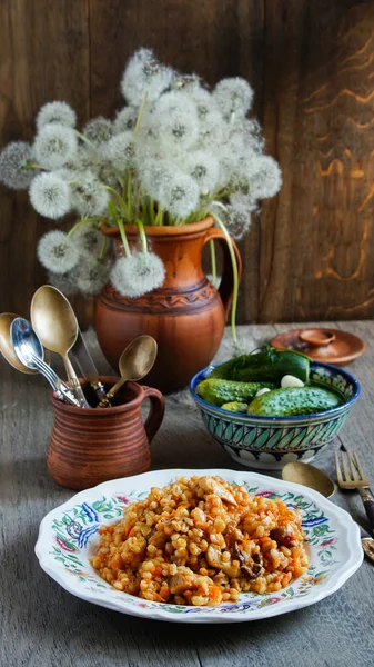 Barley Pilaf Meat — Stock Photo, Image