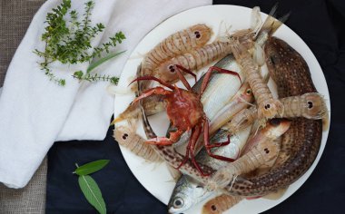 taze mantis karides, catshark, Yengeç - balık için malzemeler Bouillabaisse güveç