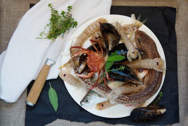 taze mantis karides, catshark, Yengeç - balık için malzemeler Bouillabaisse güveç