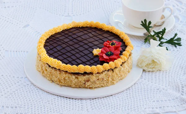 Gâteau Avec Crème Beurre Chocolat Pâte Courte Croûte — Photo