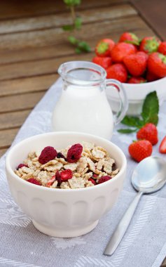 sağlıklı kahvaltı - hububat lyophilisate Ahududu ve taze çilek, süt, yumurta