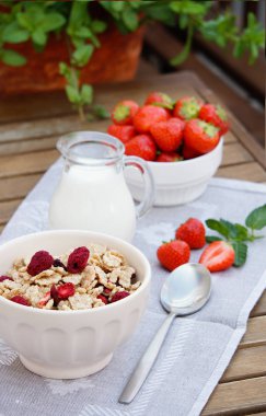 sağlıklı kahvaltı - hububat lyophilisate Ahududu ve taze çilek, süt, yumurta