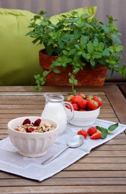 sağlıklı kahvaltı - hububat lyophilisate Ahududu ve taze çilek, süt, yumurta