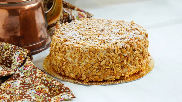 Pastel Crema Mantequilla Con Cacahuetes Pastel Ruso Soviético Podarochniy — Foto de Stock