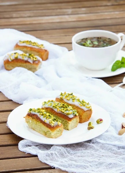 Pistachio Financiers Biscuits Tea — Stock Photo, Image