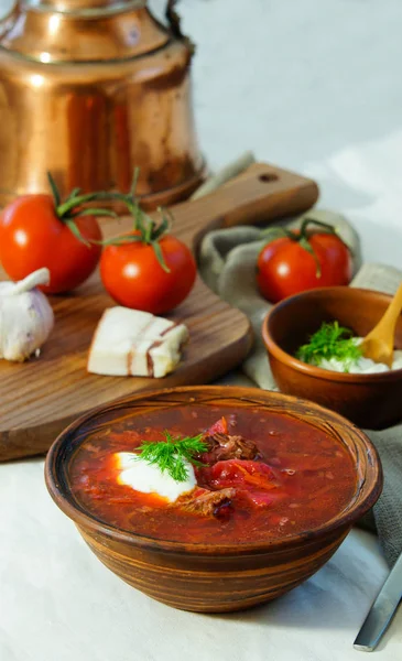 Soup Russian Borsch Beef Sour Cream — Stock Photo, Image