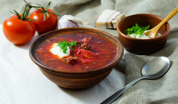 Soup Russian Borsch Beef Sour Cream — Stock Photo, Image