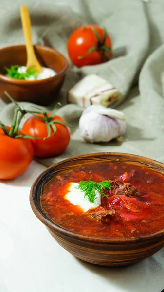 Russische Borsch Soep Met Rundvlees Zure Room — Stockfoto