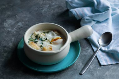 Changua - Colombian Egg and Milk Soup , tipical soup for breakfast in Bogota