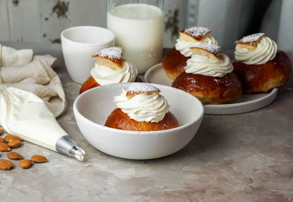 Semla or semlor, vastlakukkel, laskiaispulla is a traditional sweet roll made in various forms in Sweden, Finland, Estonia, Norway, Denmark, especially Shrove Monday and Shrove Tuesday