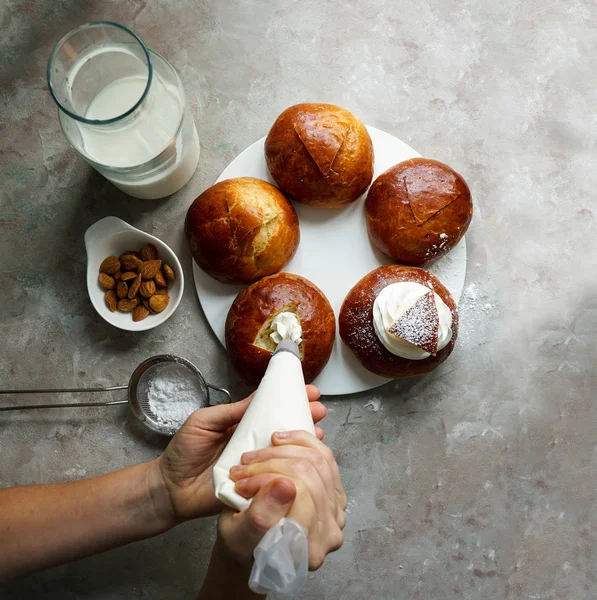 Semla or semlor, vastlakukkel, laskiaispulla is a traditional sweet roll made in various forms in Sweden, Finland, Estonia, Norway, Denmark, especially Shrove Monday and Shrove Tuesday