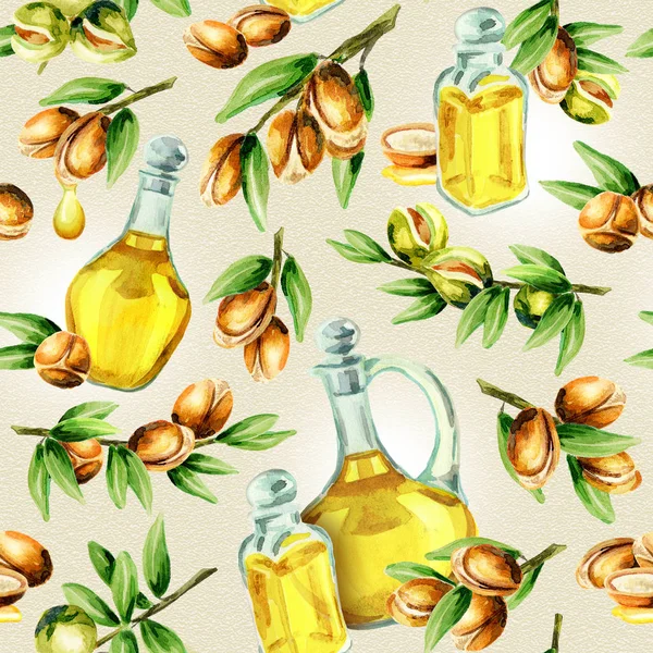 Seamless pattern of hand drawn watercolor argan nuts and oil bottles