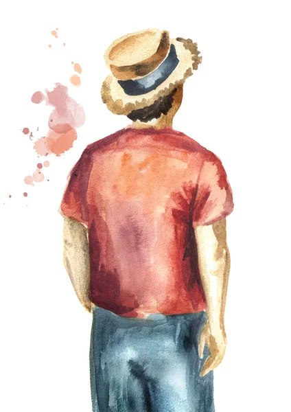 Guy in the red shirt and in the straw hat standing with his back to the viewer, isolated on white background. Watercolor hand drawn illustration