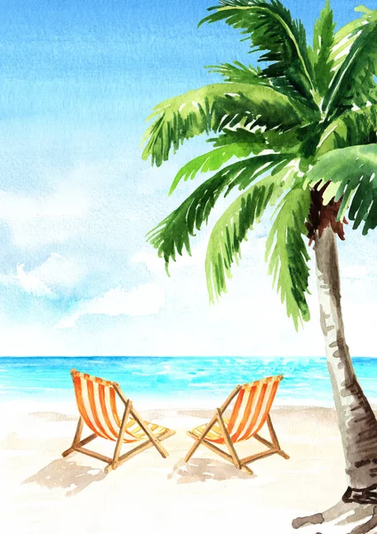Seascape.Tropical beach with sea, white sand, sun loungers and palms, summer vacation concept and vertical background. Hand drawn watercolor illustration
