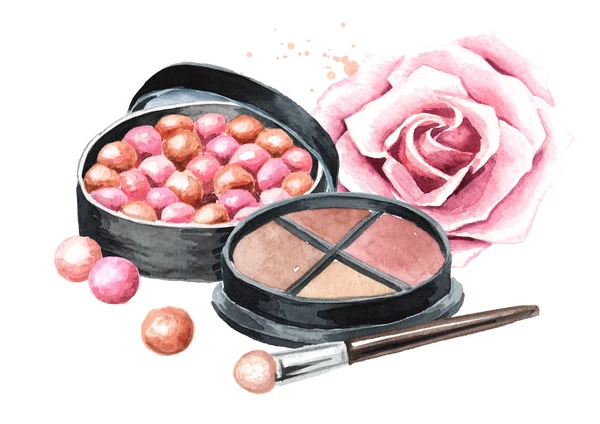 Cosmetic powder balls, cosmetic shadows and rose flower. Make-up concept. Hand drawn watercolor horizontal  illustration,  isolated on white background