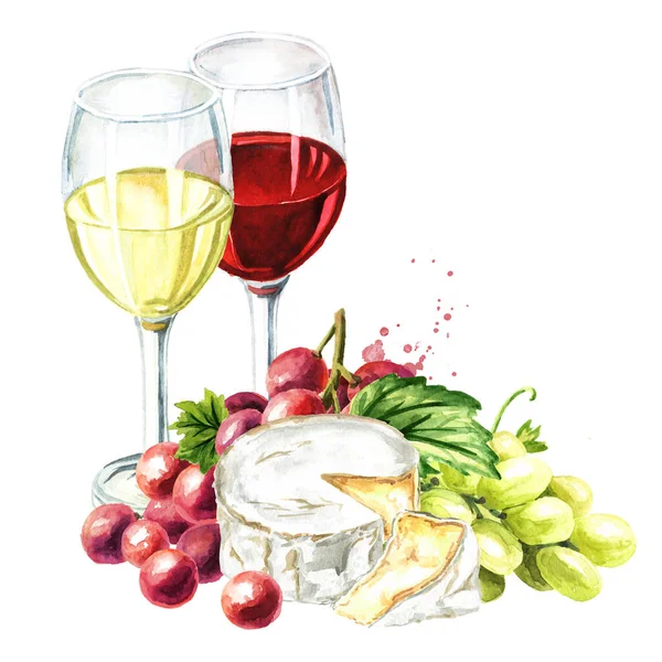 Glass of wine, grapes and cheese. Hand drawn watercolor illustration,  isolated on white background - Stock Image - Everypixel