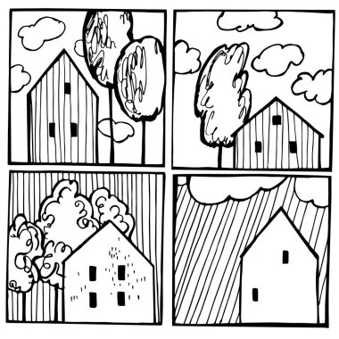 Hand drawn houses with trees in squares.