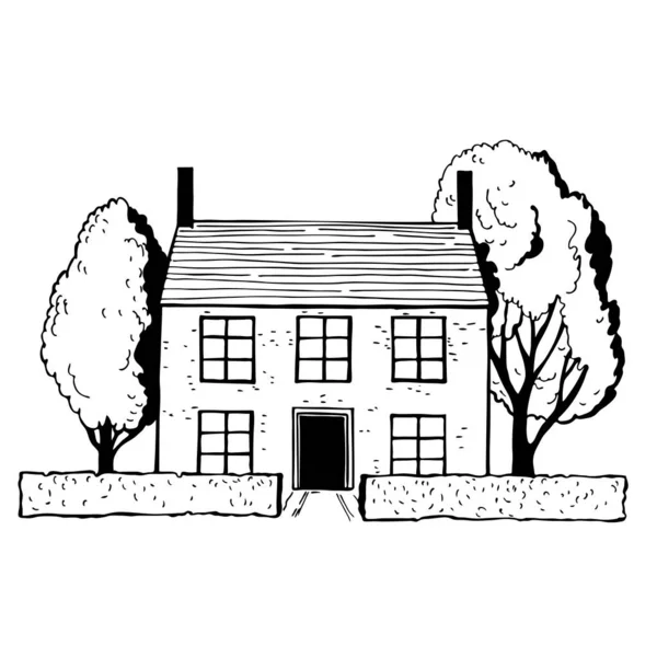 Hand drawn stone cottage with trees.